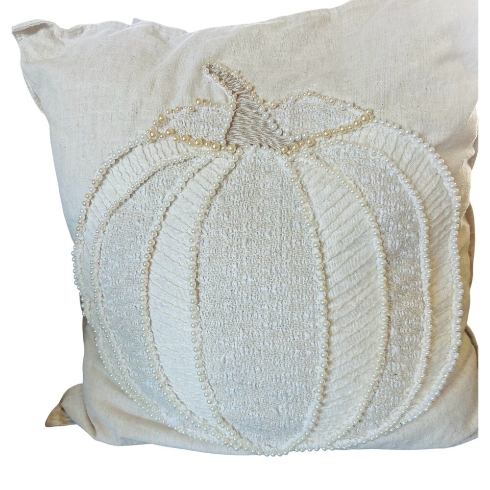 Handmade Pearl Embellished White Pumpkin Throw Pillow Farmhouse Décor